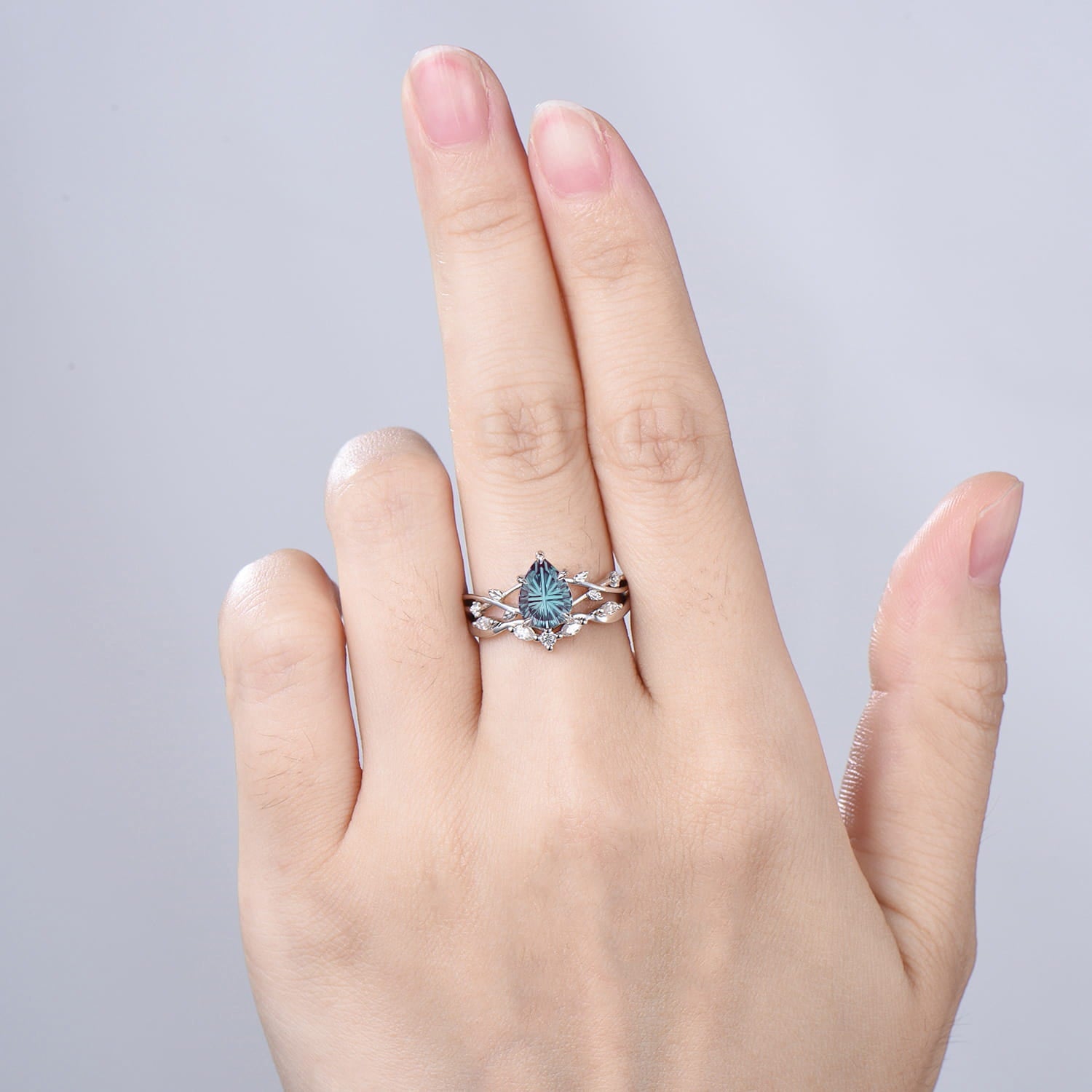 Pear Cut Starburst Alexandrite Engagement Ring Set | Twig Vine Color Change Stone Wedding Set