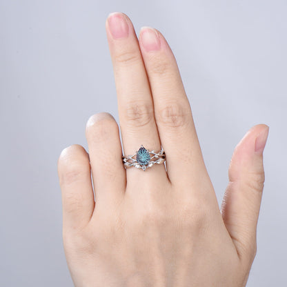 Pear Cut Starburst Alexandrite Engagement Ring Set | Twig Vine Color Change Stone Wedding Set