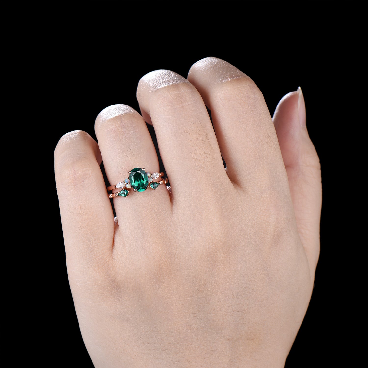 1.5ct Oval Cut Emerald Engagement Ring Set 14K Rose Gold Green Wedding Ring Opal Moissanite Bridal Set Unique Anniversary Gift for Women