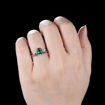1.5ct Oval Cut Emerald Engagement Ring Set 14K Rose Gold Green Wedding Ring Opal Moissanite Bridal Set Unique Anniversary Gift for Women