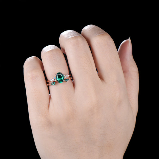 1.5ct Oval Cut Emerald Engagement Ring Set 14K Rose Gold Green Wedding Ring Opal Moissanite Bridal Set Unique Anniversary Gift for Women
