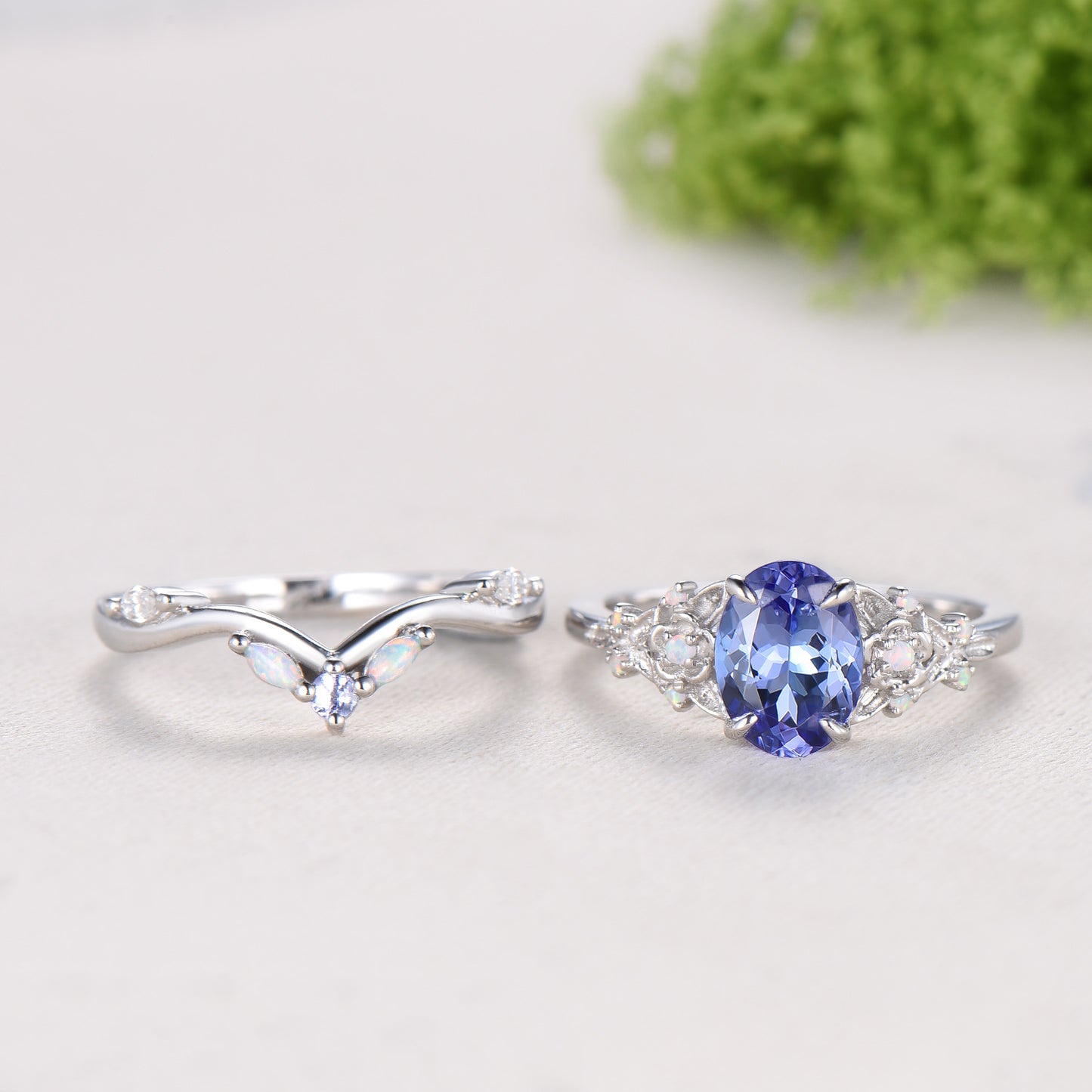 Floral Oval Tanzanite Engagement Ring Set, White Gold Twig Vine Opal Band, Nature Inspired Wedding Bridal Set