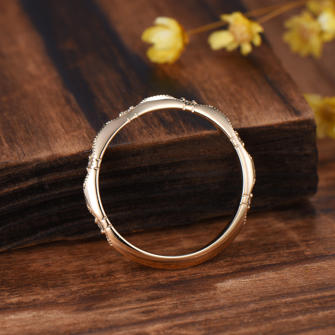 Art Deco Milgrain Diamond Wedding Band, 14K Yellow Gold Vintage Marquise Stacking Ring