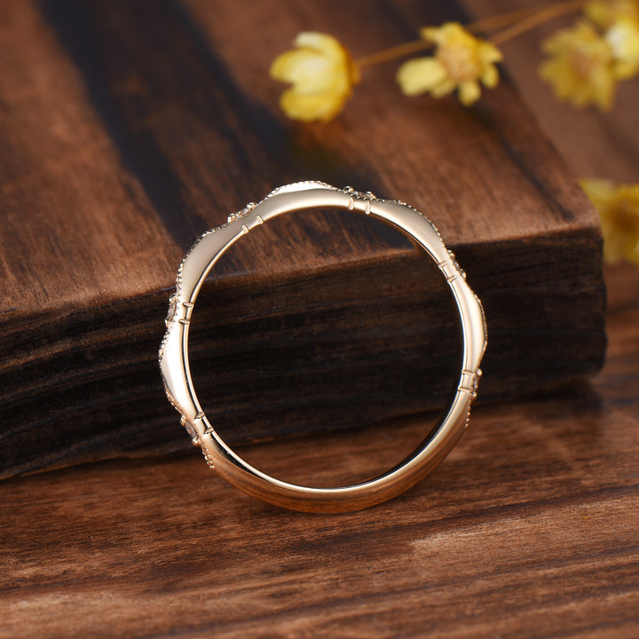 Art Deco Milgrain Diamond Wedding Band, 14K Yellow Gold Vintage Marquise Stacking Ring