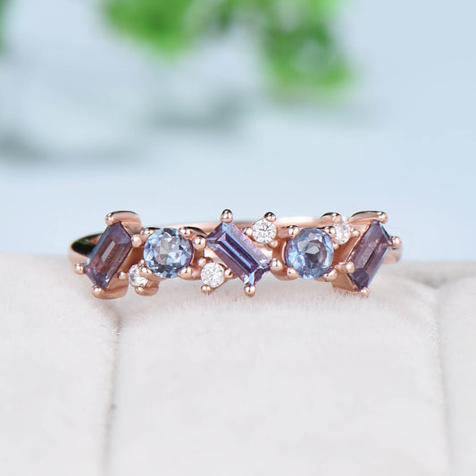Vintage Cluster Wedding Band Baguette Alexandrite Moissanite Eternity Wedding Ring Color Change Stackable Matching Band Anniversary Gift - PENFINE