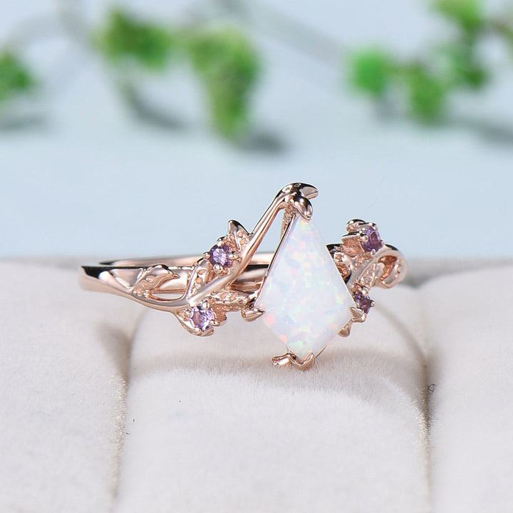 Vintage kite cut opal amethyst engagement ring natural inspired fire opal engagement ring rose gold art deco leaves branch wedding ring - PENFINE