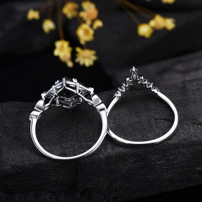 2CT Art deco princess cut black onyx engagement ring set