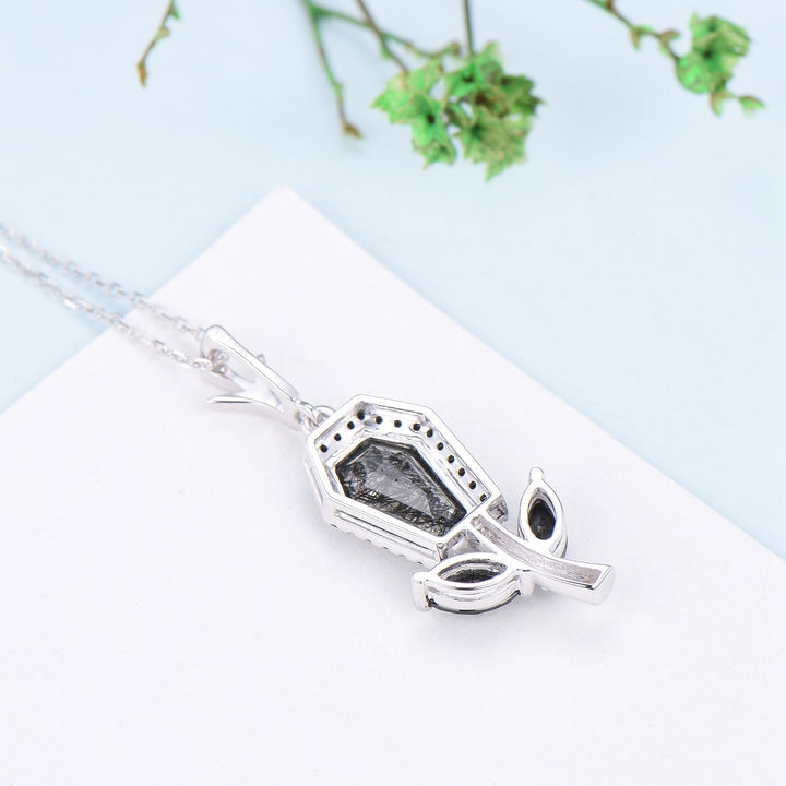 Vintage Coffin black rutilated quartz pendant necklace solid 14k 18k rose gold halo black spinel Personalized anniversary Halloween Jewelry - PENFINE