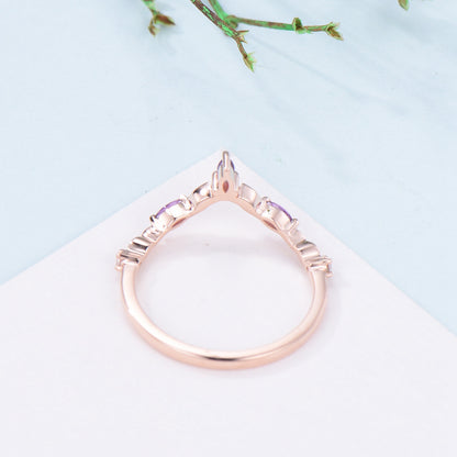 Vintage Curved V amethyst wedding band yellow gold leaf vine matching band purple crystal art deco stacking promise ring anniversary gift - PENFINE