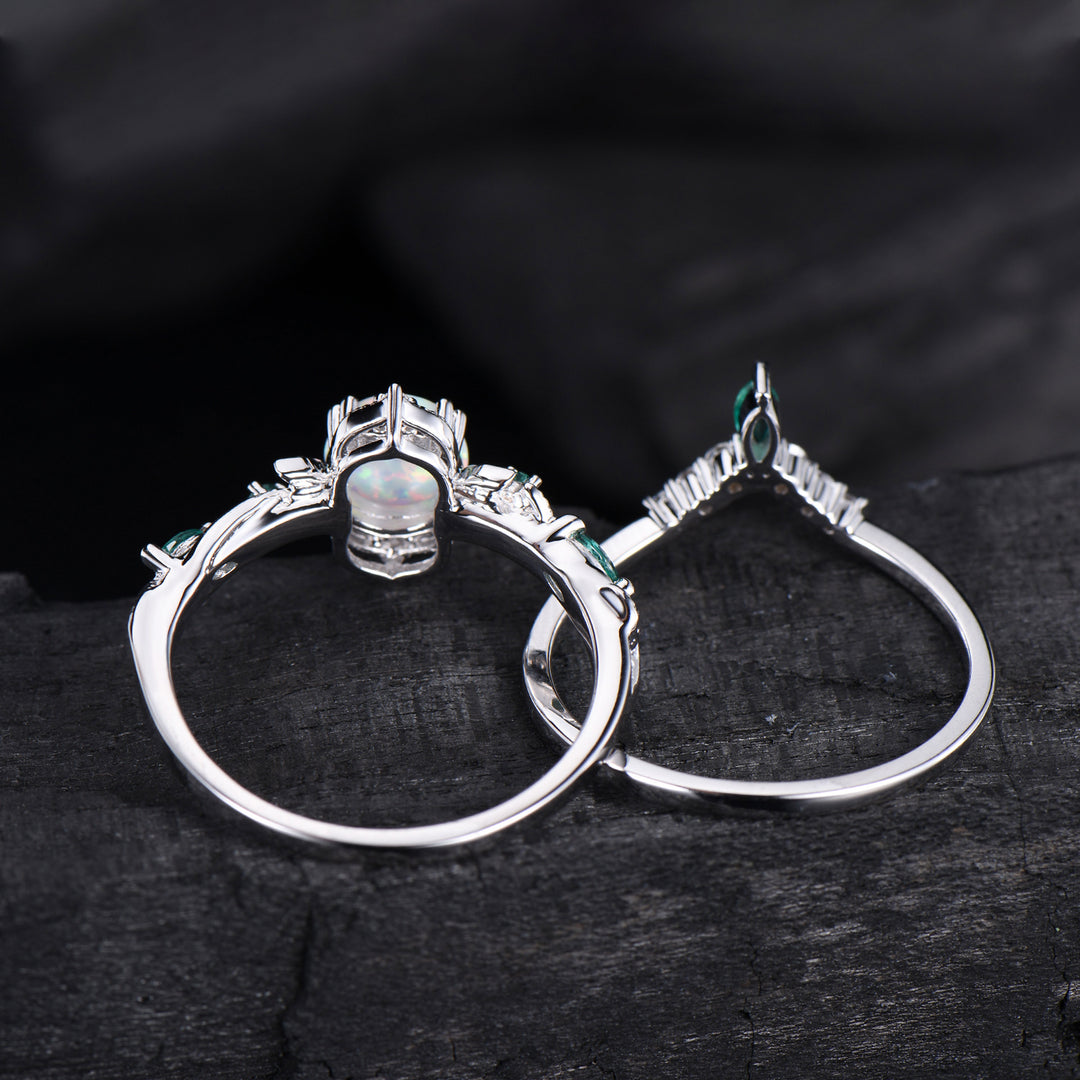 Vintage White Opal Engagement Ring Set Unique Leaves Nature Inspired Emerald Wedding Ring Set Art Deco Green Crystal Moissanite Bridal Set - PENFINE