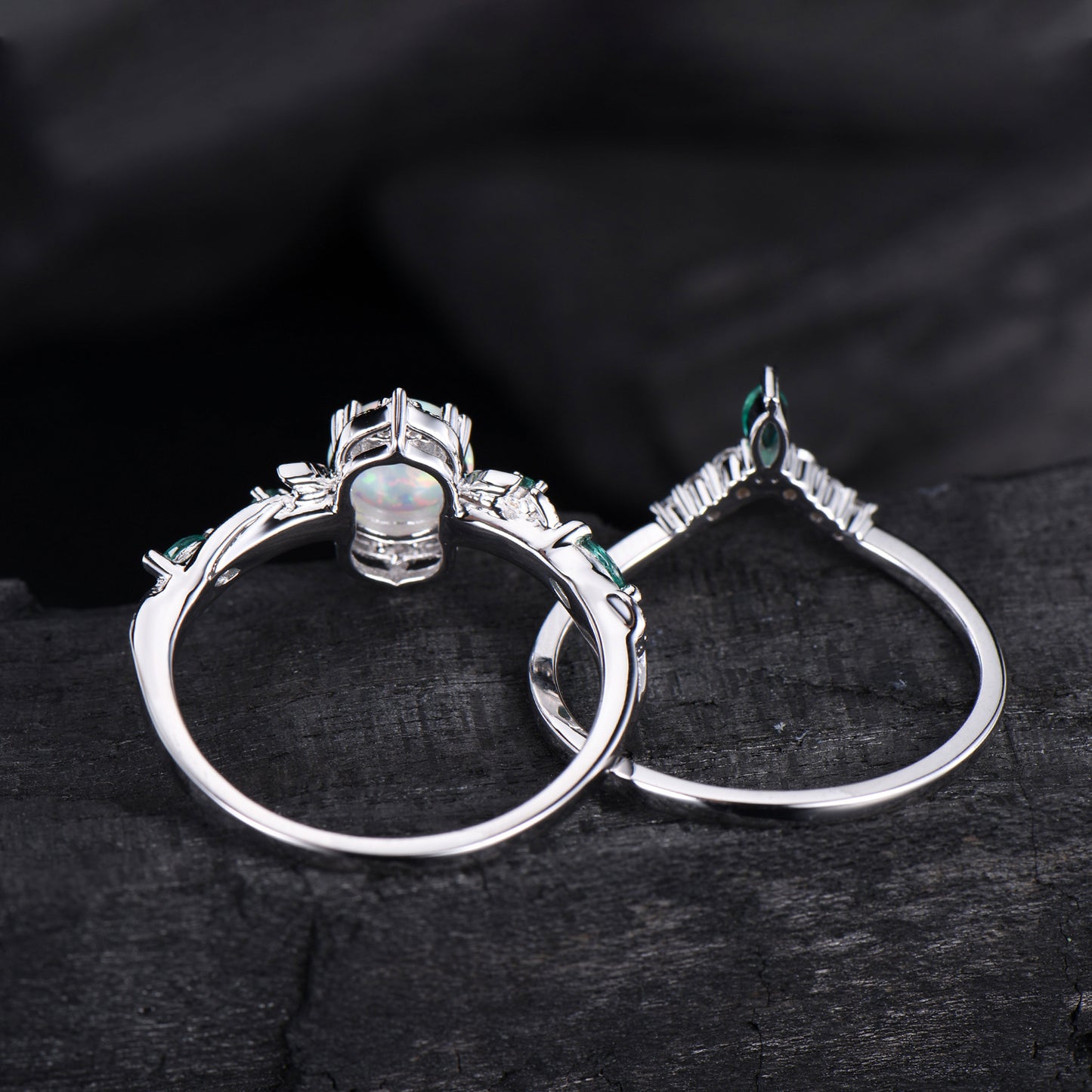 Vintage White Opal Engagement Ring Set Unique Leaves Nature Inspired Emerald Wedding Ring Set Art Deco Green Crystal Moissanite Bridal Set - PENFINE