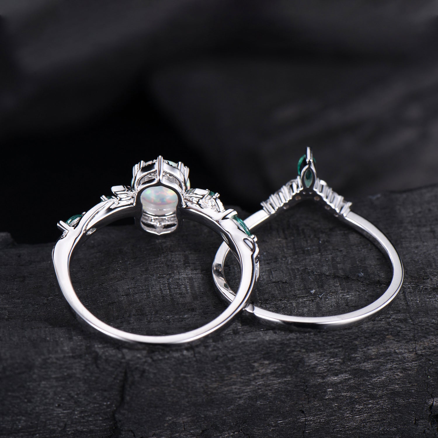 Vintage White Opal Engagement Ring Set Unique Leaves Nature Inspired Emerald Wedding Ring Set Art Deco Green Crystal Moissanite Bridal Set - PENFINE