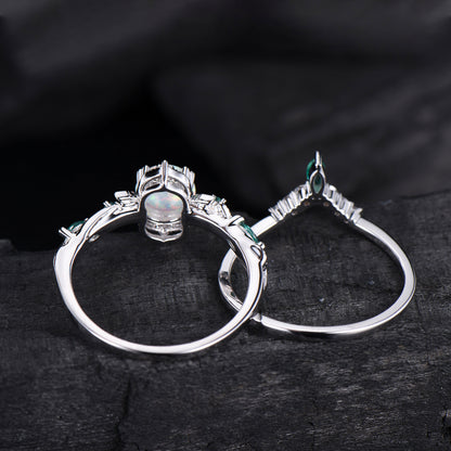 Vintage White Opal Engagement Ring Set Unique Leaves Nature Inspired Emerald Wedding Ring Set Art Deco Green Crystal Moissanite Bridal Set - PENFINE
