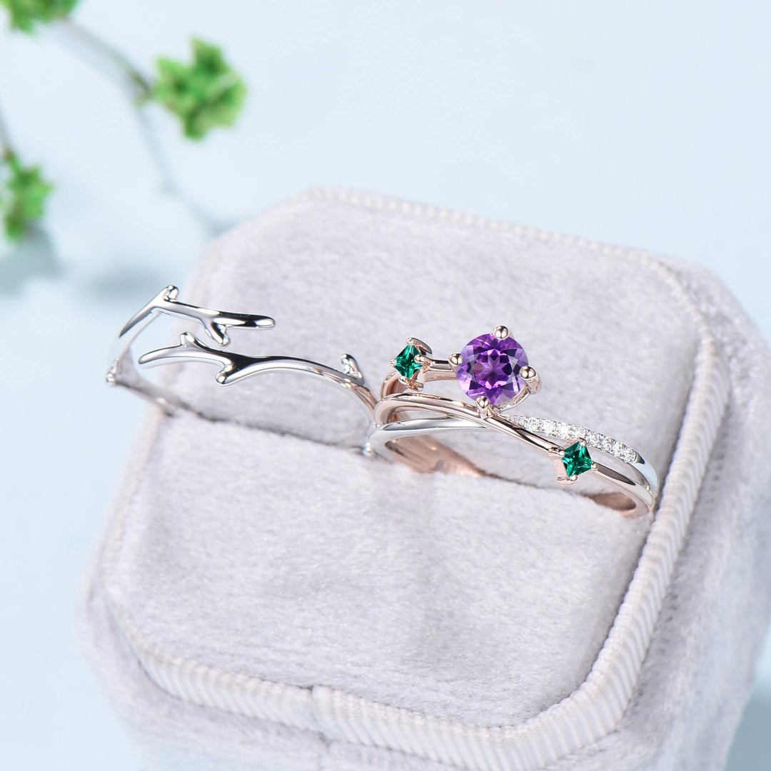 Two-tone gold Twig amethyst engagement ring set dainty Leaf green emerald branch wedding set women Unique natural inspired anniversary gift - PENFINE