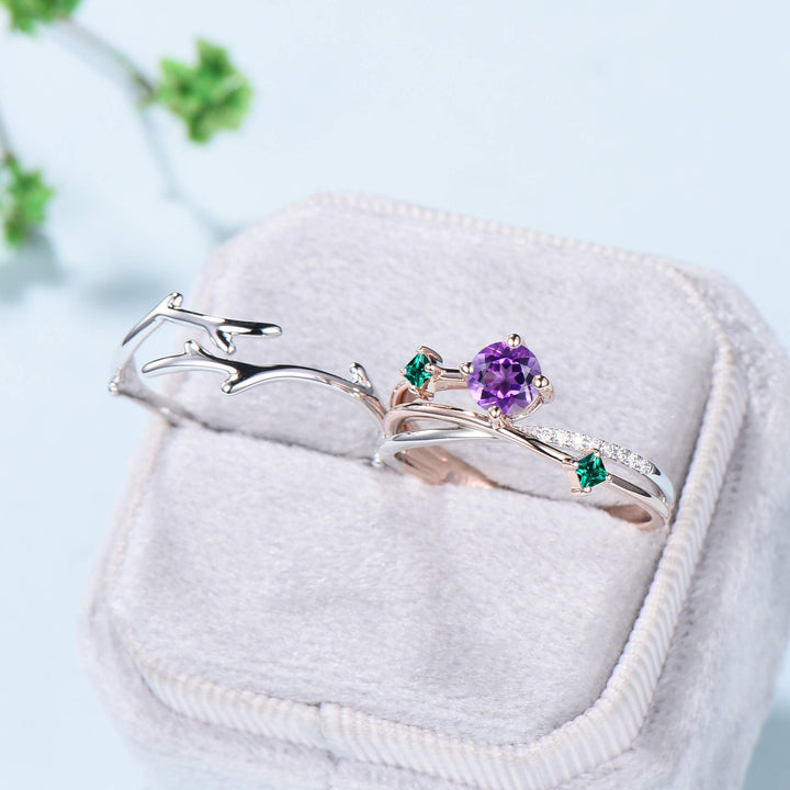 Two-tone gold Twig amethyst engagement ring set dainty Leaf green emerald branch wedding set women Unique natural inspired anniversary gift - PENFINE