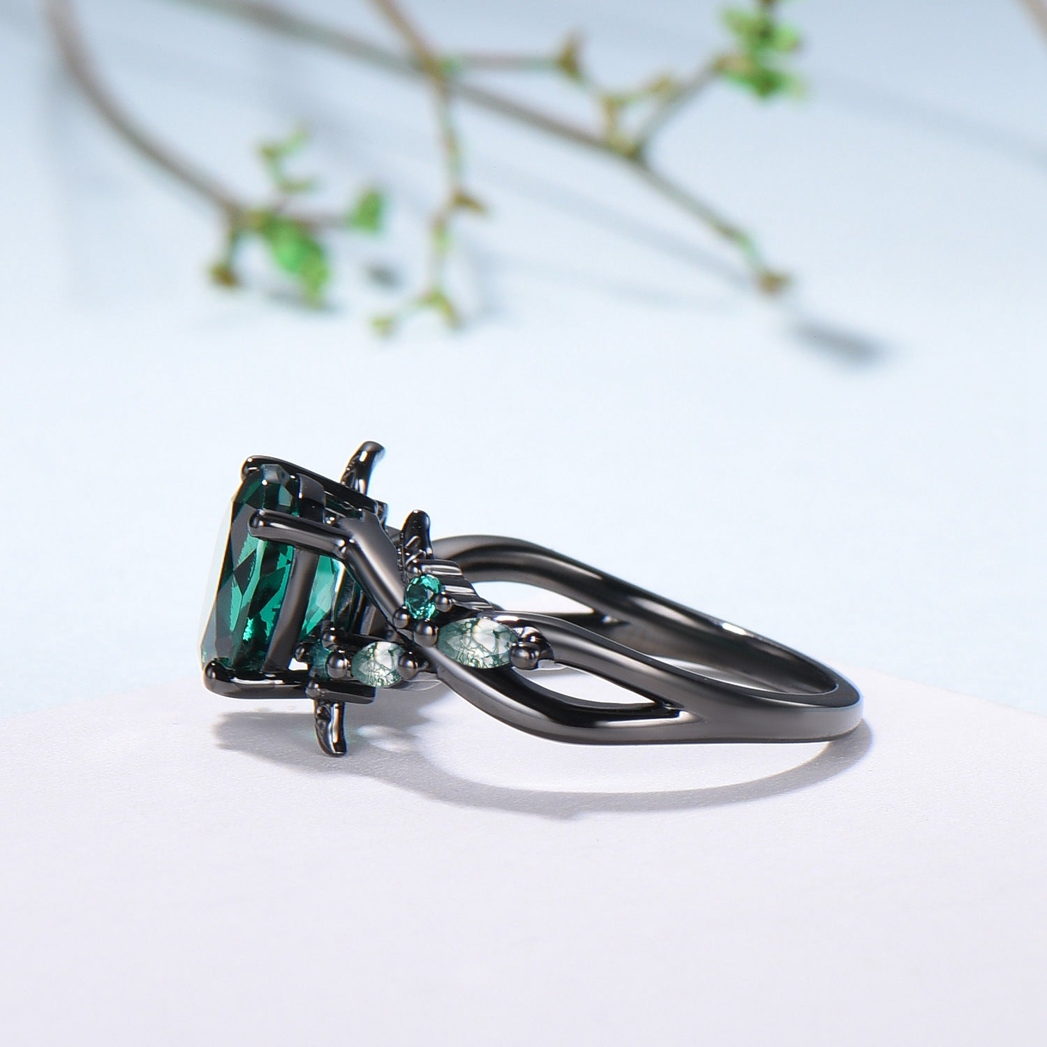 Black Gold Emerald Engagement Ring, Gothic Leaf Ring - PENFINE