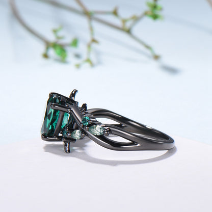 Black Gold Emerald Engagement Ring, Gothic Leaf Ring - PENFINE