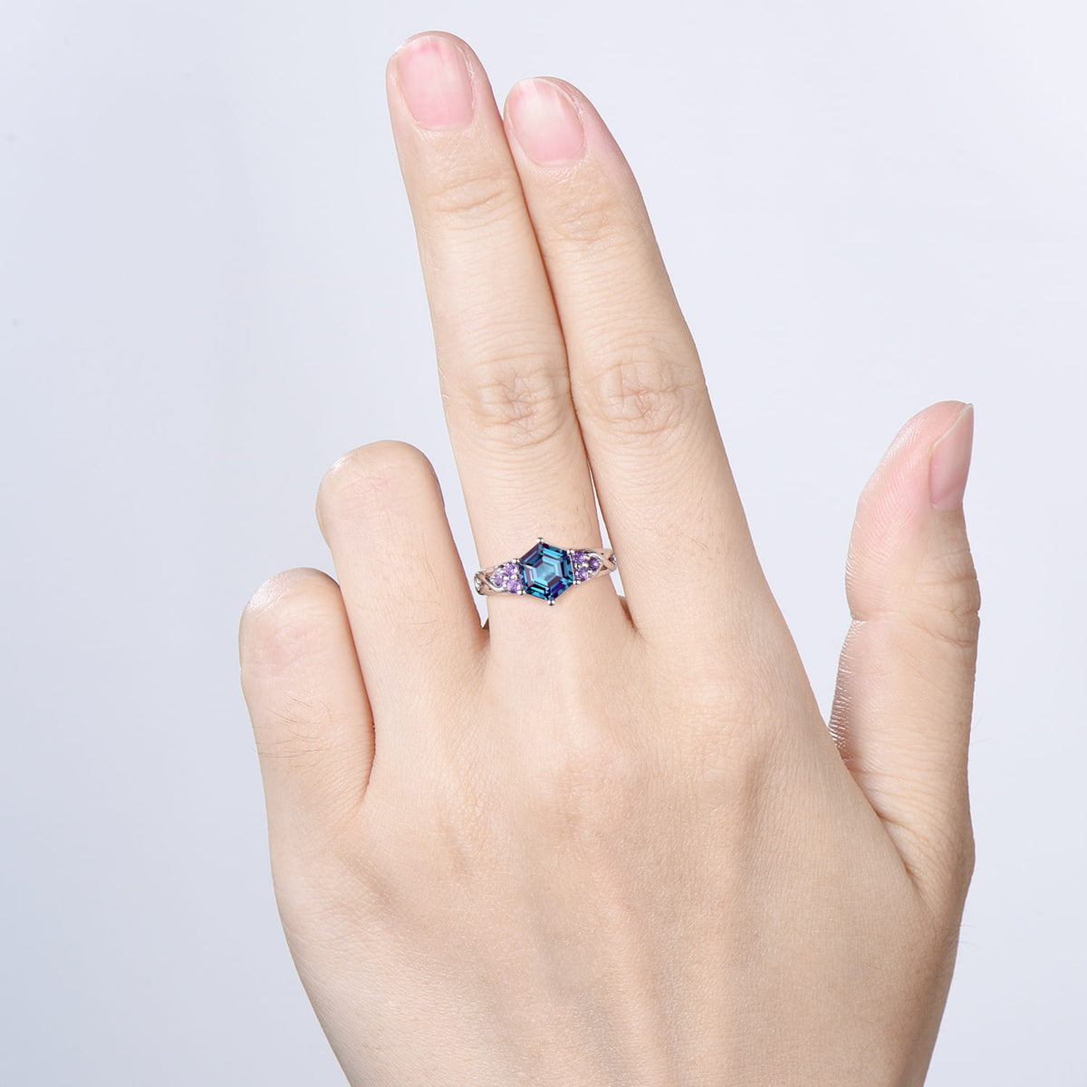Vintage Alexandrite Engagement Ring Hexagon Cut Rose Gold Unique Cluster Amethyst Milgrain Diamond Wedding Ring Women Promise ring gift