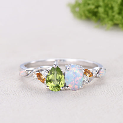 Multi Gems Pear Cut Natural Peridot Oval Cut Opal Toi et Moi Ring,Citrine Cluster Engagement Ring
