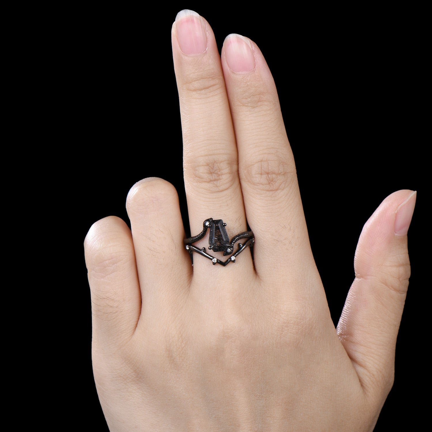 Black Rutilated Quartz Engagement Ring Set - Coffin Gemstone, Black Gold - PENFINE