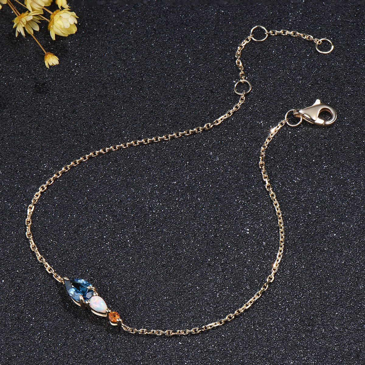 London Blue Topaz Opal Bracelet, Citrine Three Stone Wedding Bracelet