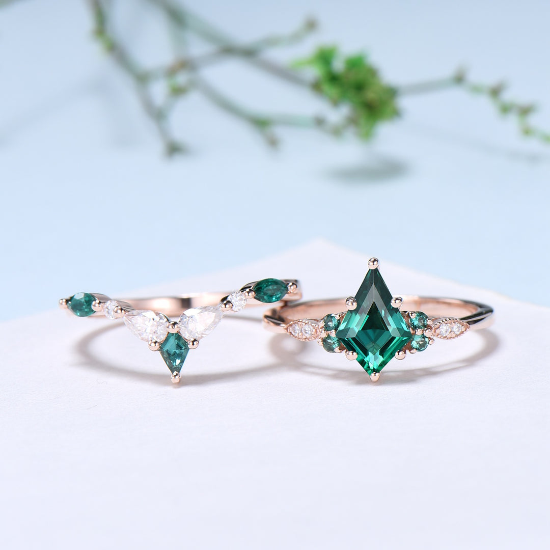 Vintage Kite Cut Emerald Ring For Women Silver Rose Gold Unique Lab Emerald Engagement Ring Art Deco Marquise Milgrain Wedding Ring Set - PENFINE