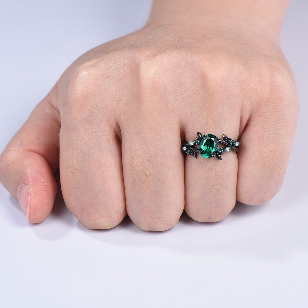 Black Gold Emerald Engagement Ring, Gothic Leaf Ring - PENFINE