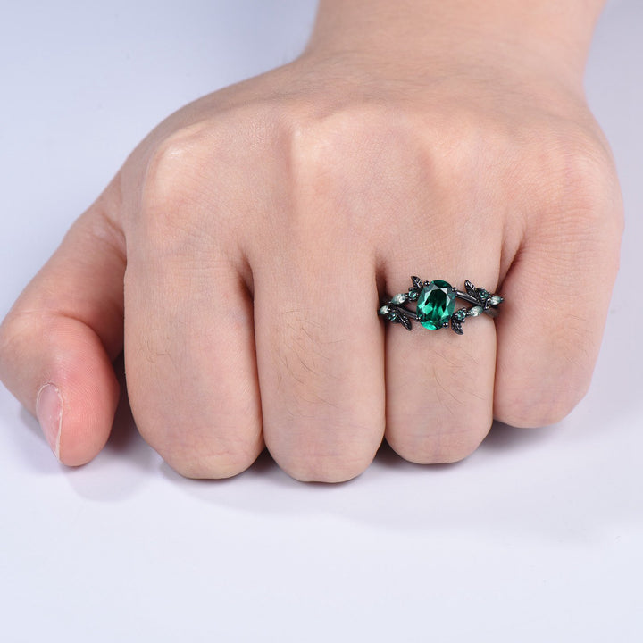 Black Gold Emerald Engagement Ring, Gothic Leaf Ring - PENFINE
