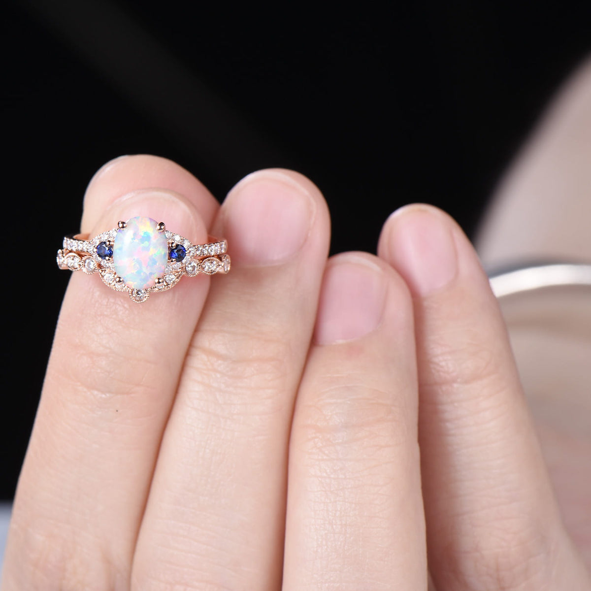 1.5CT Vintage Oval Fire White Opal Engagement Ring: Cluster Blue Sapphire Art Deco Band