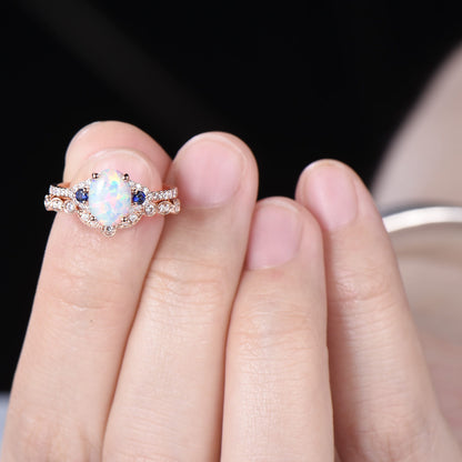 1.5CT Vintage Oval Fire White Opal Engagement Ring: Cluster Blue Sapphire Art Deco Band