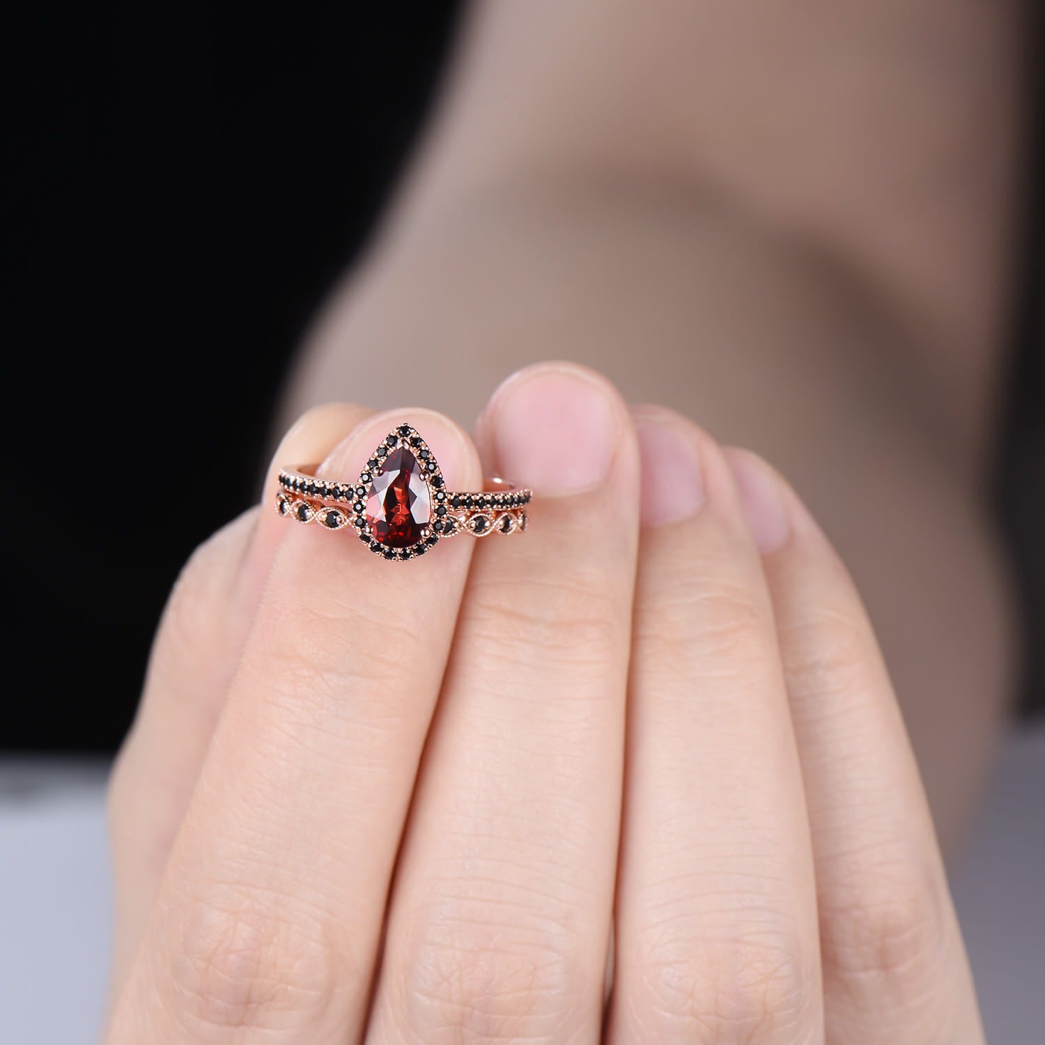 Vintage Garnet Engagement Ring Set Rose Gold 5x8 mm Pear Shaped January Birthstone Wedding Ring Art Deco Black Spinel Band Bridal Set