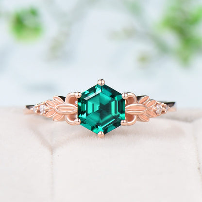 Retro Emerald Engagement Ring Set Vintage Green Crystal Leaf Floral Fire Opal Wedding Ring Art Deco Leaves Flower Bridal Set For Women - PENFINE