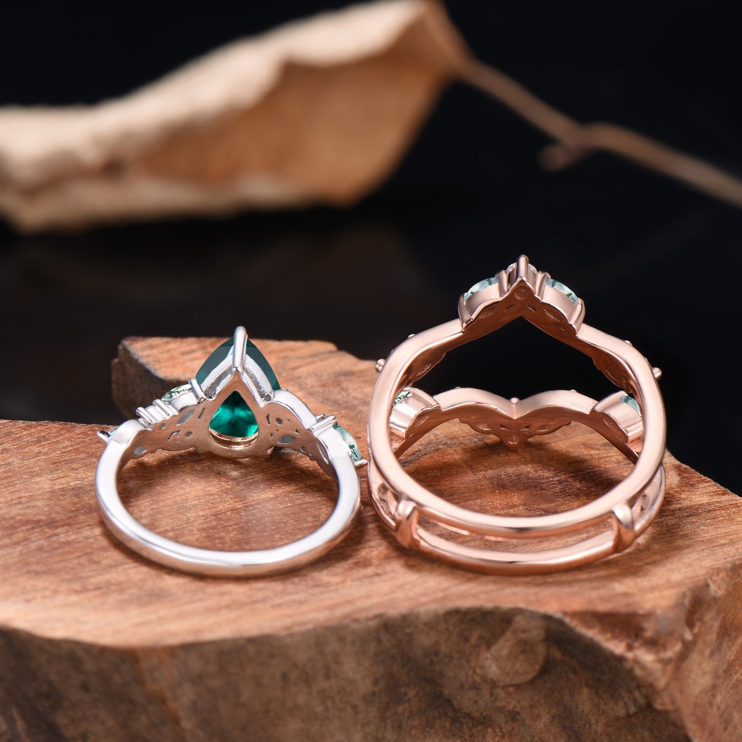 Pear Shaped Emerald Wedding Ring Set Rose Gold Cluster Enhancer Moss Agate Bridal Set