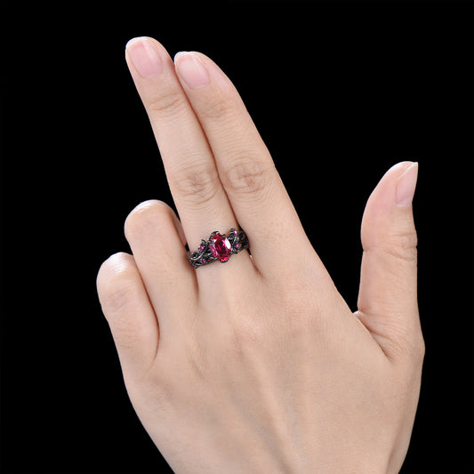 Nature Inspired Leaf ruby ring set black gold branch twig lab ruby engagement ring women unique July birthstone wedding ring set for women