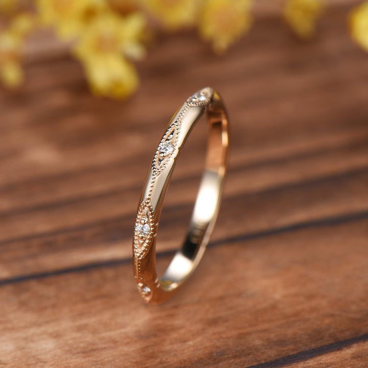 Art Deco Milgrain Diamond Wedding Band, 14K Yellow Gold Vintage Marquise Stacking Ring