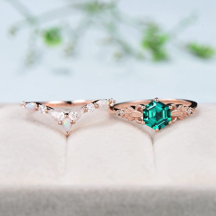 Retro Emerald Engagement Ring Set Vintage Green Crystal Leaf Floral Fire Opal Wedding Ring Art Deco Leaves Flower Bridal Set For Women - PENFINE