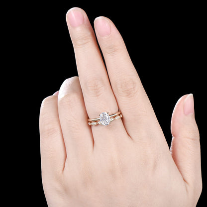 1.5CT Oval Moissanite Solitaire Engagement Ring Set Vintage 14K Gold Wedding Set Full Eternity Milgrain Band