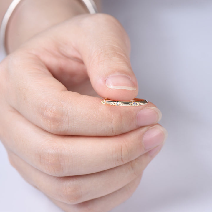 Art Deco Milgrain Diamond Wedding Band, 14K Yellow Gold Vintage Marquise Stacking Ring