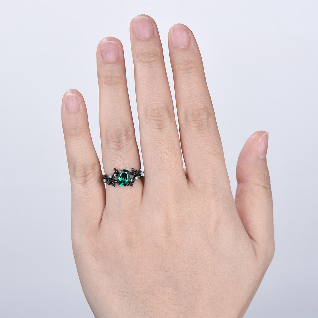 Black Gold Emerald Engagement Ring, Gothic Leaf Ring - PENFINE