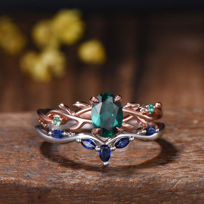 Emerald Engagement Ring Set with Blue Sapphire Wedding Band ¨C Leaf Vine Design