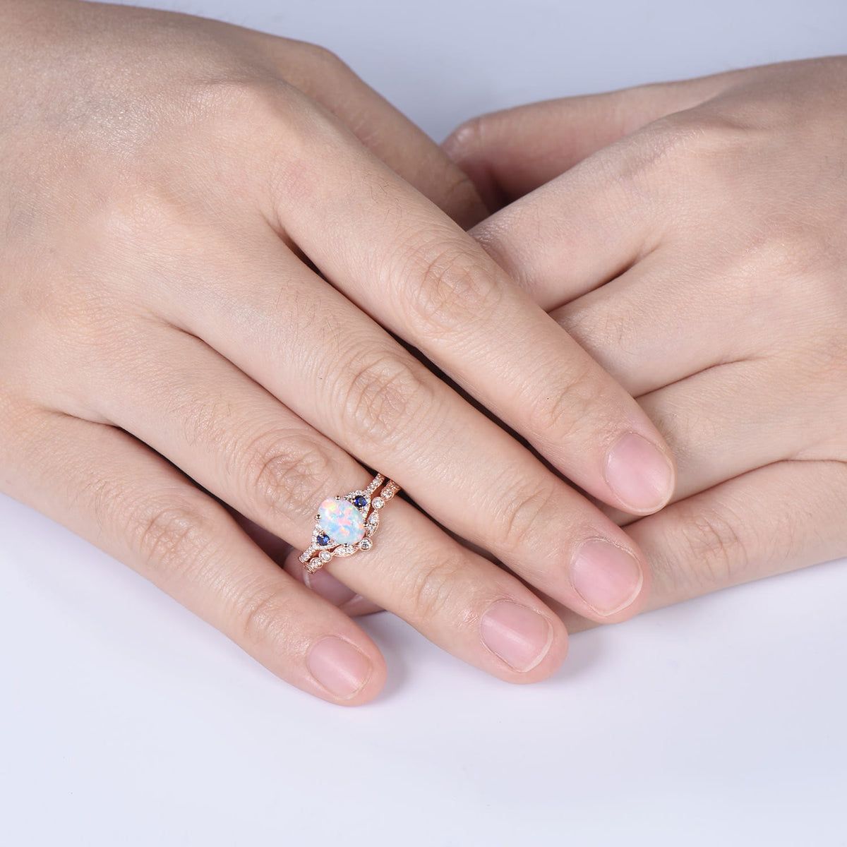 1.5CT Vintage Oval Fire White Opal Engagement Ring: Cluster Blue Sapphire Art Deco Band