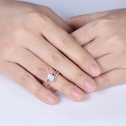 1.5CT Vintage Oval Fire White Opal Engagement Ring: Cluster Blue Sapphire Art Deco Band