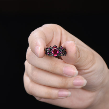 Nature Inspired Leaf ruby ring set black gold branch twig lab ruby engagement ring women unique July birthstone wedding ring set for women