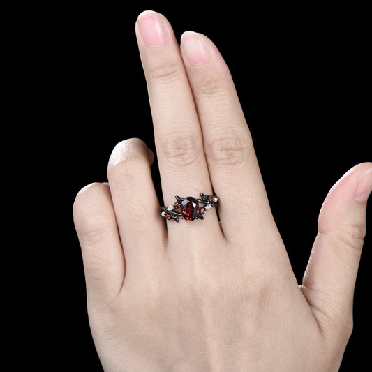 Unique Black Gold Garnet Wedding Ring Natural Inspired Gothic Oval Garnet Engagement Ring Leaves Cluster Moissanite Split Shank Wedding Ring