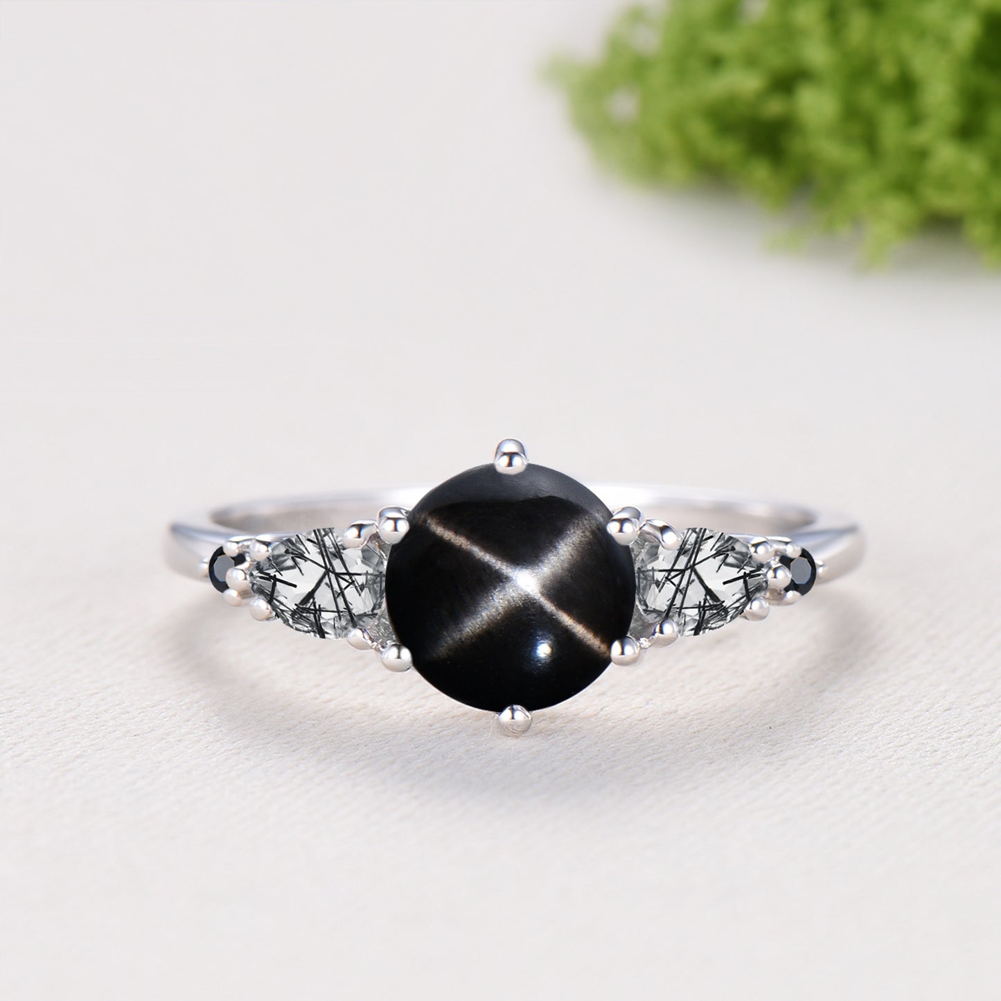Vintage Black Star Diopside Engagement Ring Set, Pear Rutilated Quartz Wedding Bridal Set, Curved Spinel Matching Band