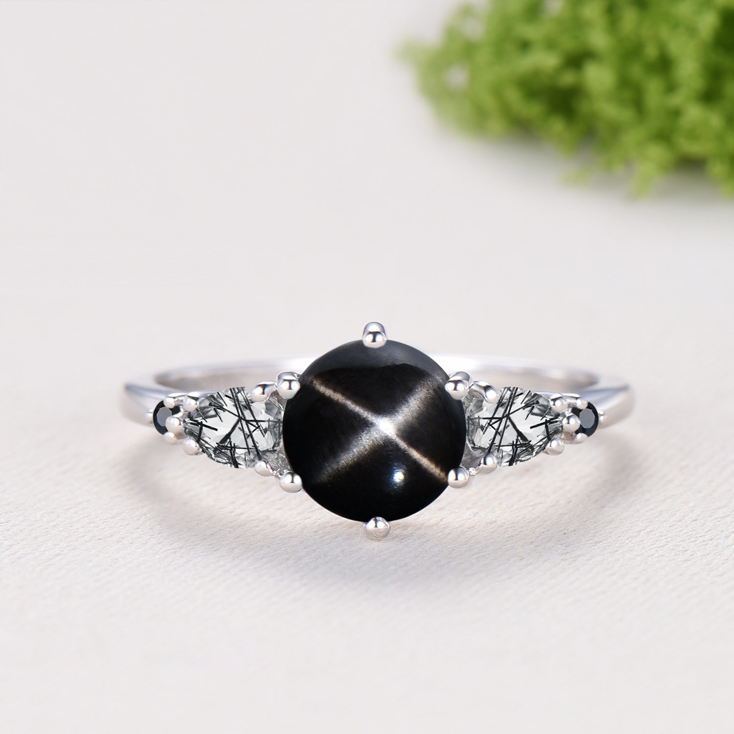 Vintage Black Star Diopside Engagement Ring Set, Pear Rutilated Quartz Wedding Bridal Set, Curved Spinel Matching Band