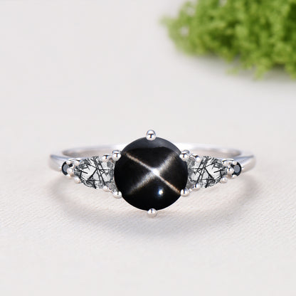 Vintage Black Star Diopside Engagement Ring Set, Pear Rutilated Quartz Wedding Bridal Set, Curved Spinel Matching Band