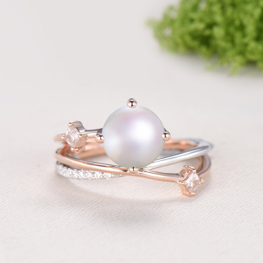 Unique Two Tone Pearl Engagement Ring , Split Shank Twisted Diamond Band