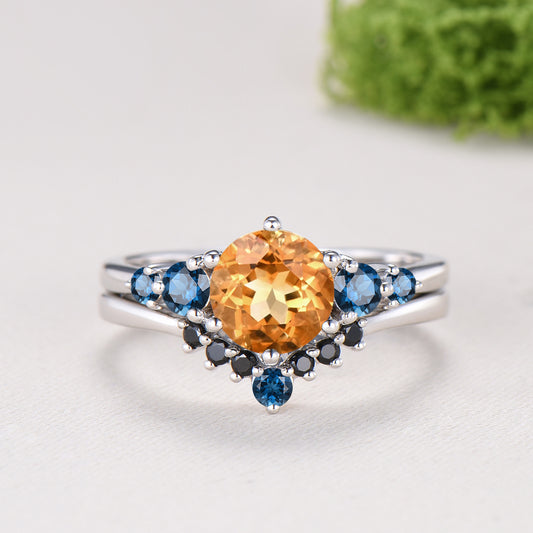 Dainty Natural Citrine Engagement Ring, Five Stone London Blue Topaz Wedding Band, November Birthstone Bridal Set