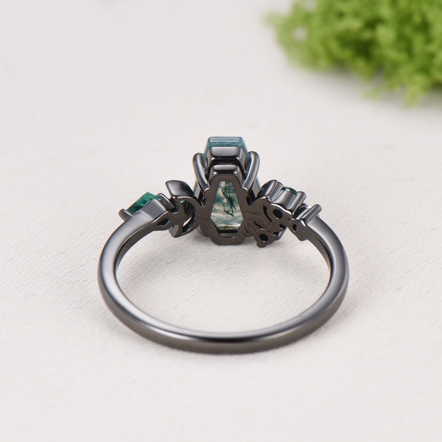 Coffin cut moss agate ring Black gold gothic engagement ring moon design cluster emerald wedding ring unique anniversary promise ring women